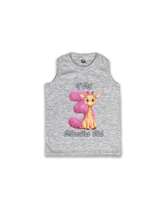 Newborn Melange Sleeveless Vest "I’m 3 Months Old" – Soft Cotton | Pink 3 with Giraffe Milestone Vest for Baby Girls| NPT093