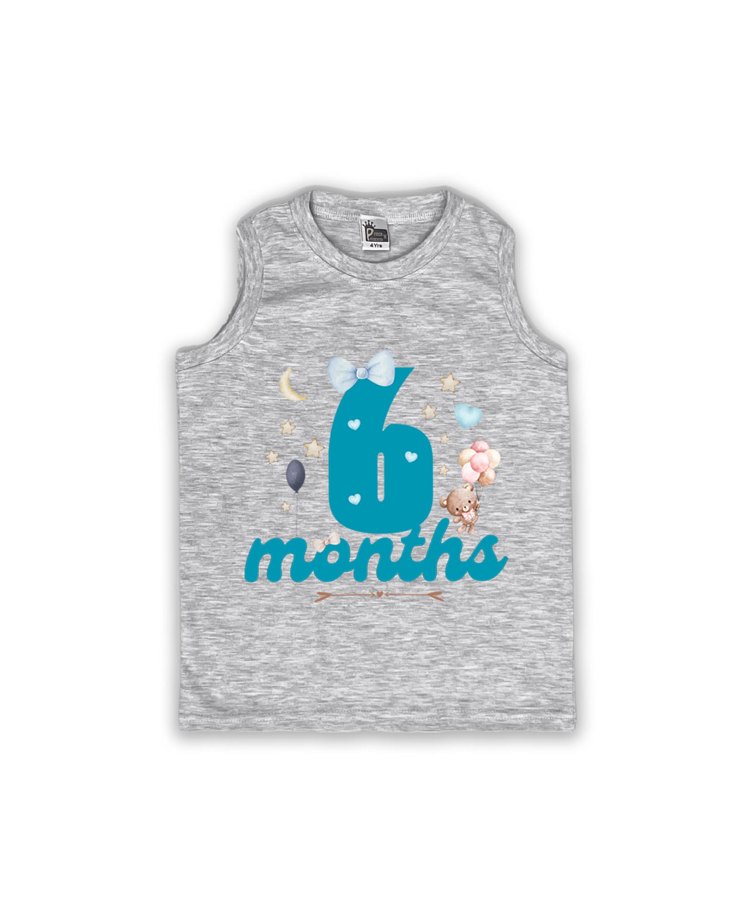 Newborn Sleeveless Melange Vest - 6 Months Milestone Vest with Cute Teddy Bear & Balloons Design - Soft Cotton Baby Vest NPT126