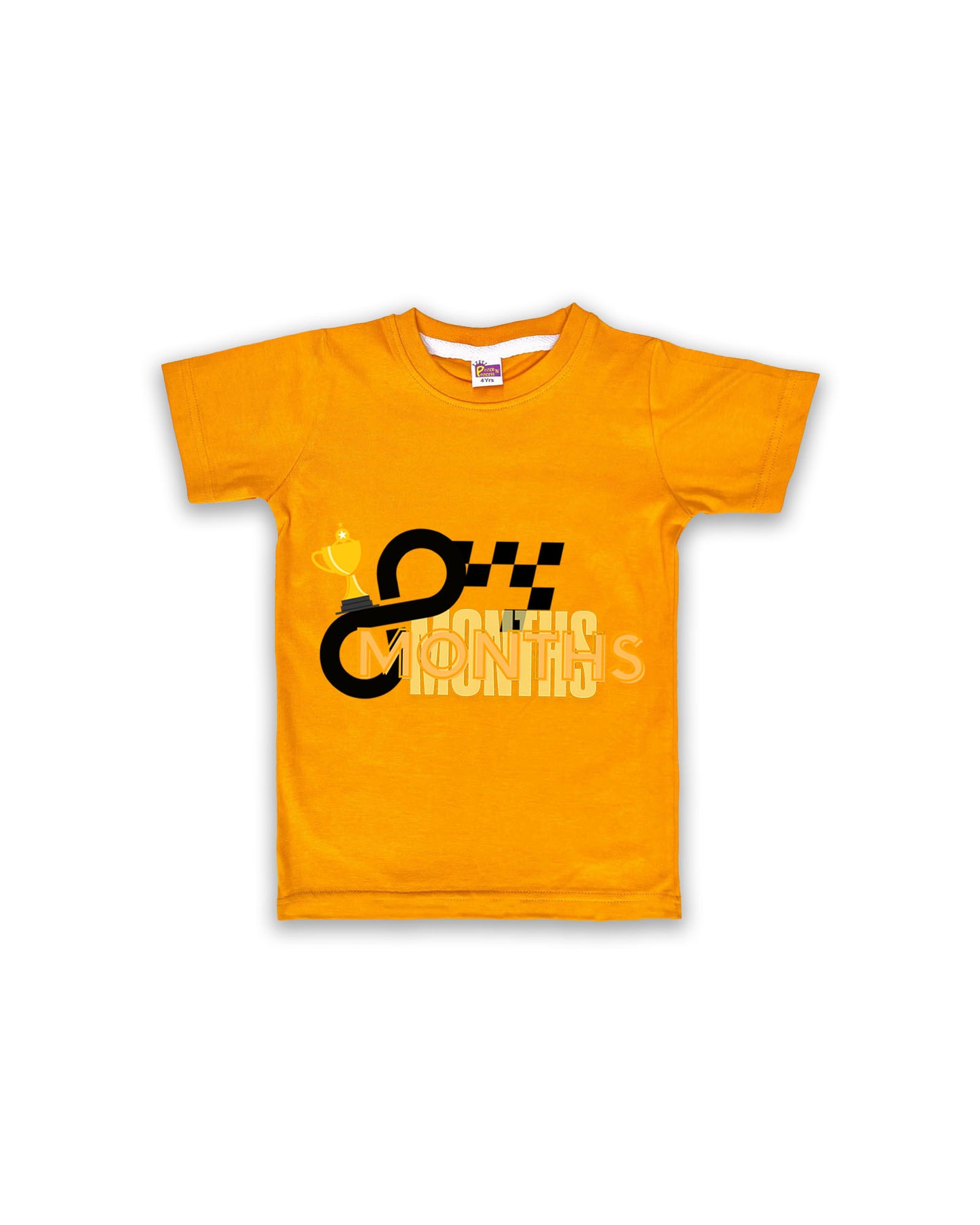 Newborn Half-Sleeve Mustard Tees - 8 Months Milestone Tees with Racing Trophy & Checkered Flag Design - Soft Cotton Baby Tees NPT0198