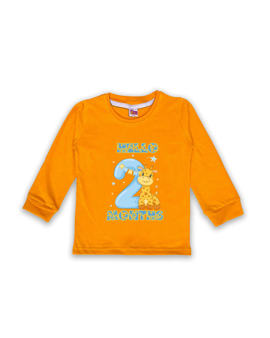 Newborn Mustard Full Sleeve "Hello 2 Months" Milestone Tees – Soft Cotton | Cute Giraffe Design | Milestone Outfit NPT017