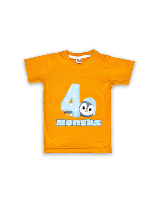 Newborn Half-Sleeve Mustard Tees - 4 Months Milestone Tees with Adorable Penguin Design - Soft Cotton Baby Vest NPT0156