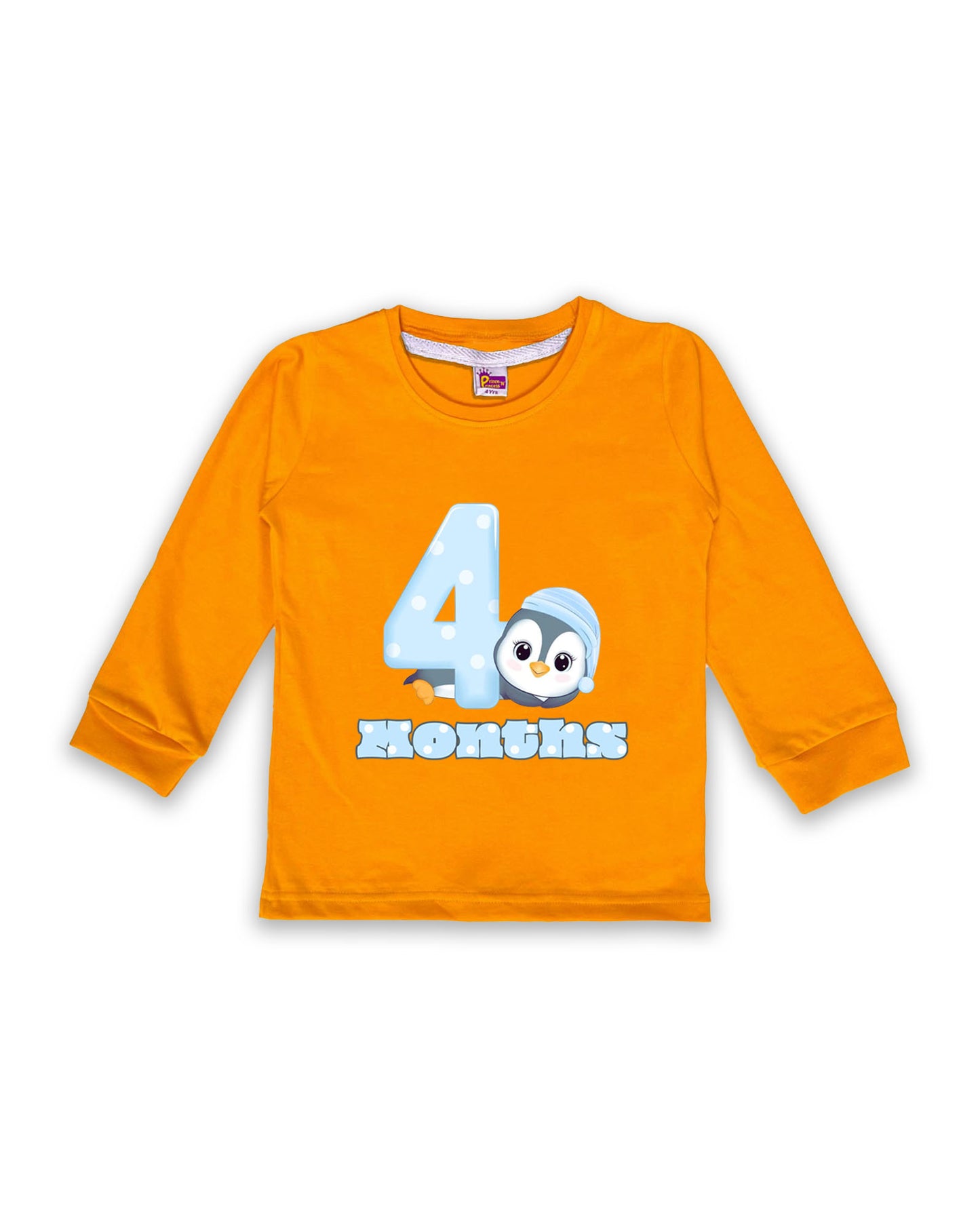 Newborn Full-Sleeve Mustard Tees - 4 Months Milestone Tees with Adorable Penguin Design - Soft Cotton Baby Tees NPT0220