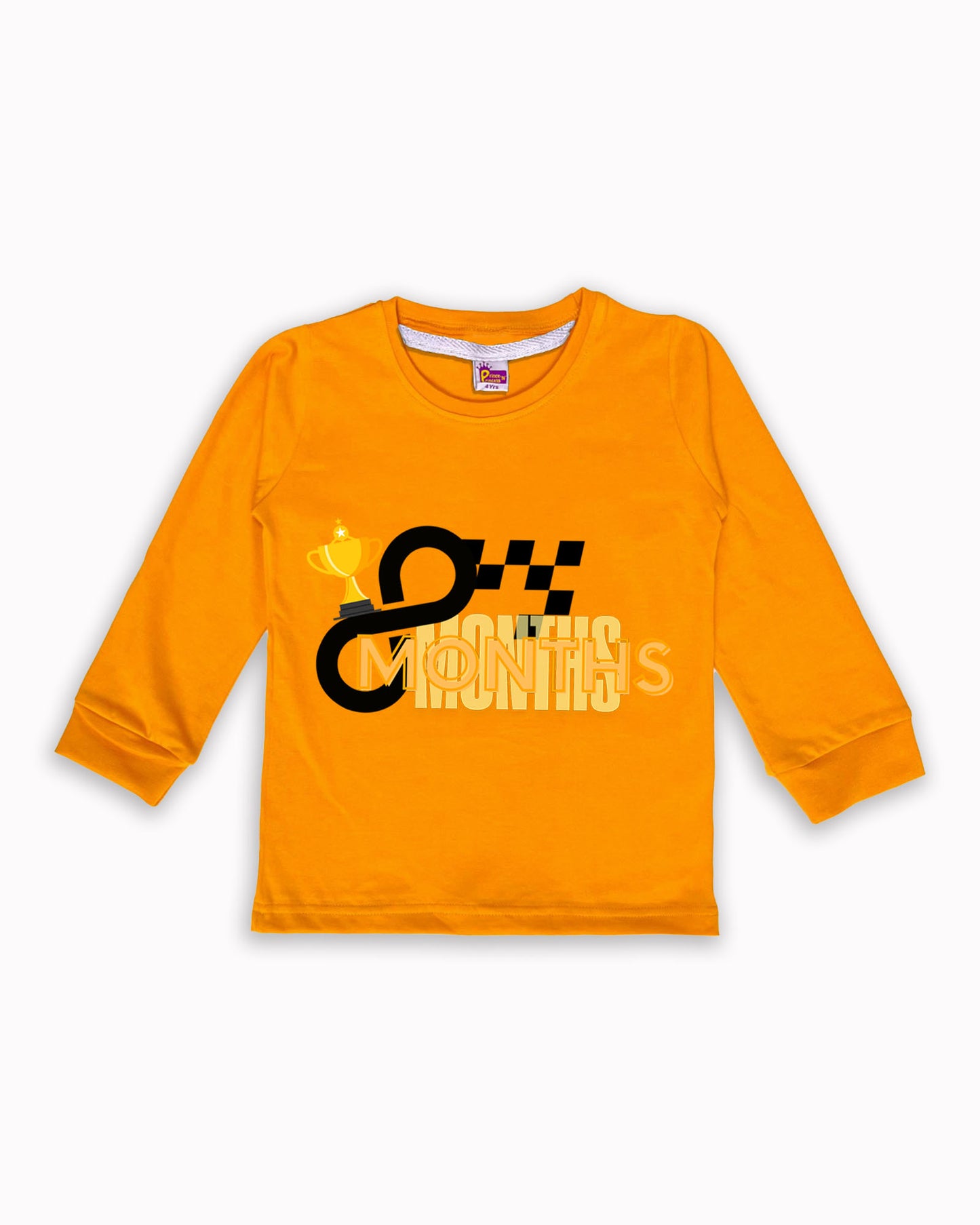 Newborn Full-Sleeve Mustard Tees - 8 Months Milestone Tees with Racing Trophy & Checkered Flag Design - Soft Cotton Baby Tees NPT0262