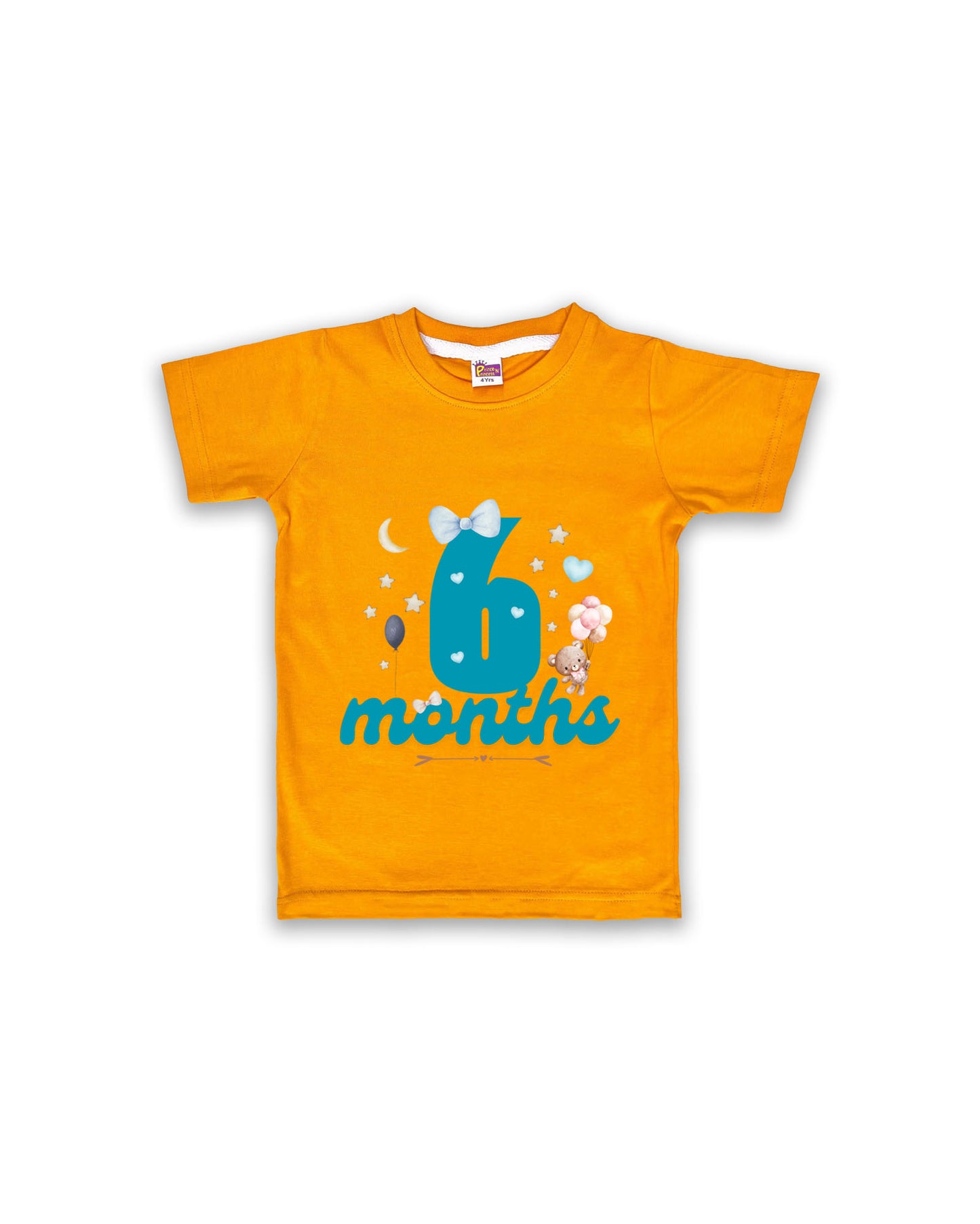 Newborn Half-Sleeve Mustard Tees - 6 Months Milestone Tees with Teddy Bear & Balloon Design - Soft Cotton Baby Tees NPT0177