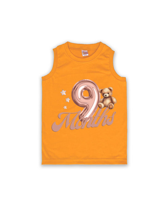 Newborn Sleeveless Mustard vest - 9 Months Milestone vest with Teddy Bear & Balloon Number Design - Soft Cotton Baby Vest NPT147