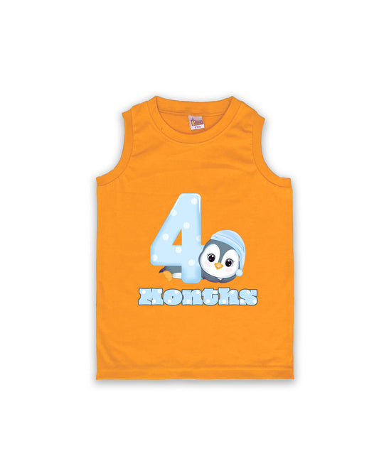 Newborn Sleeveless Mustard Vest - 4 Months Milestone Tee with Cute Penguin Design - Soft Cotton Baby Vest NPT114