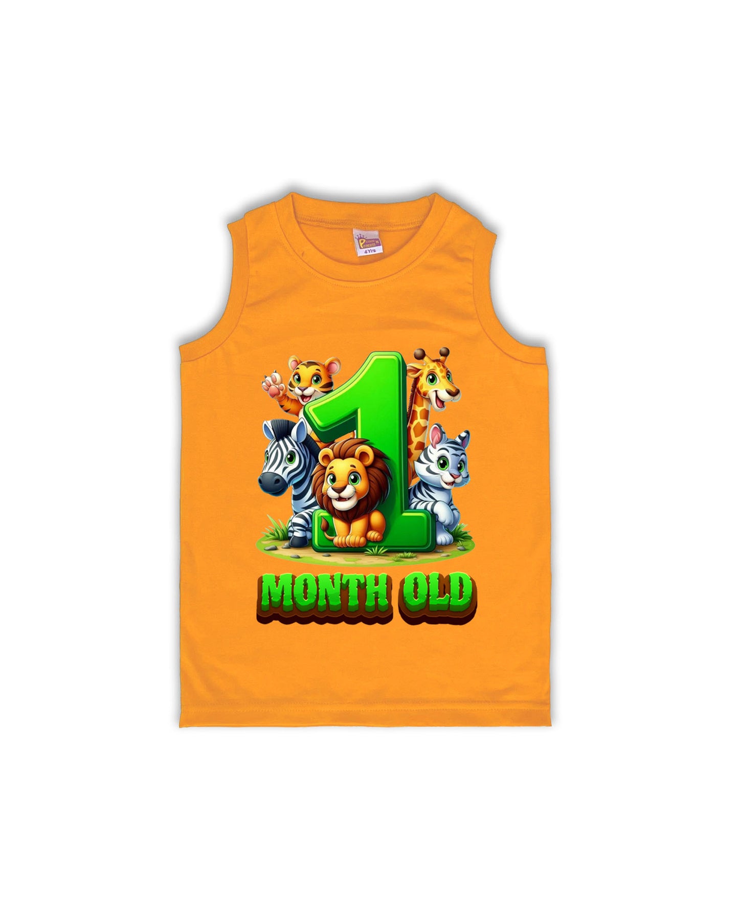 Newborn Mustard Sleeveless Vest "1 Month Old" – Soft Cotton | Jungle Animal Milestone Vest for Newborns | NPT078