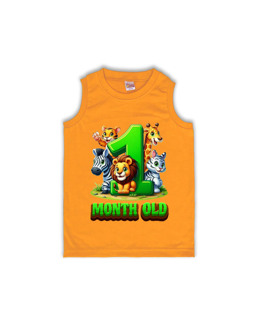 Newborn Mustard Sleeveless Vest "1 Month Old" – Soft Cotton | Jungle Animal Milestone Vest for Newborns | NPT078