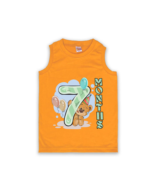 Newborn Sleeveless Mustard vest - 7 Months Milestone Vest with Cute Party Bear & Balloons Design - Soft Cotton Baby Vest NPT134