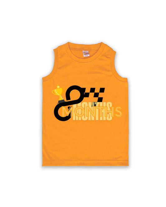 Newborn Sleeveless Mustard Vest - 8 Months Milestone vest with Racing Trophy & Checkered Flag Design - Soft Cotton Baby Vest NPT140