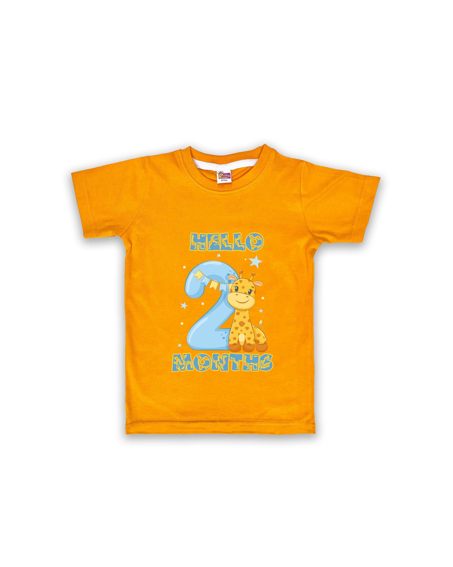 Newborn Mustard Tees "Hello 2 Months" – Soft Cotton | Giraffe & Stars Milestone Outfit | Short Sleeve Baby Tees NPT055