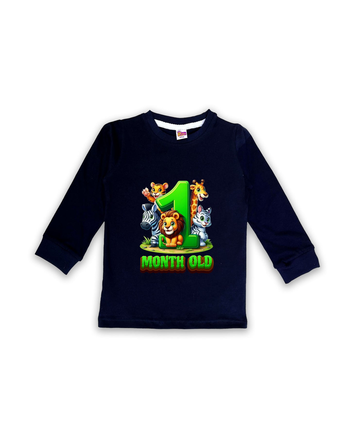 Newborn Navy Full Sleeve "1 Month Old" Birthday Tees – Soft Cotton | Jungle Animal Print | Milestone Outfit NPT003
