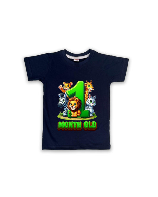 Newborn Navy Tees "1 Month Old" – Soft Cotton | Jungle Animal Milestone Tees | Short Sleeve Monthly Outfit NPT042
