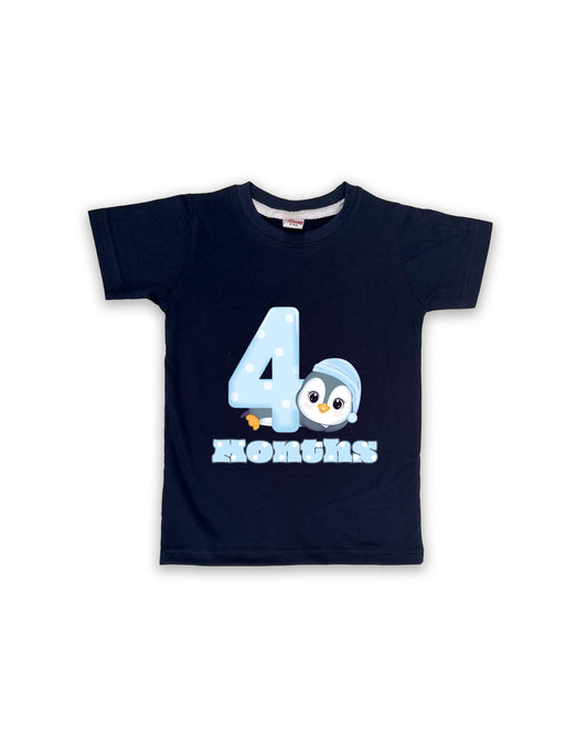 Newborn Half-Sleeve Navy Tees - 4 Months Milestone Tees with Adorable Penguin Design - Soft Cotton Baby Vest NPT0157