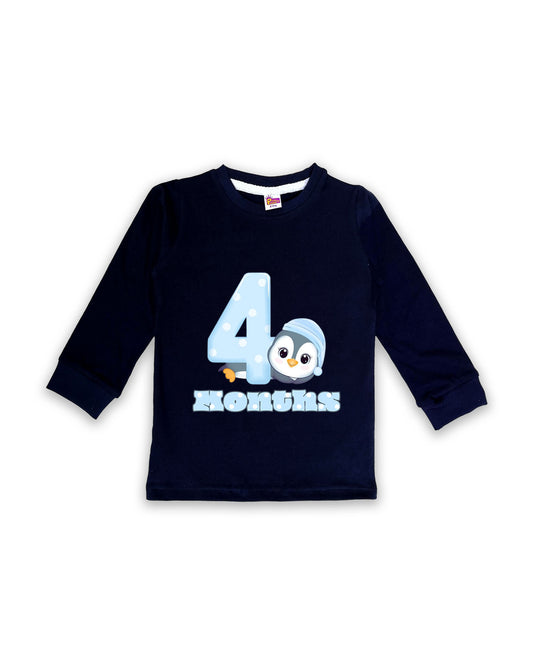 Newborn Full-Sleeve Navy Tees - 4 Months Milestone Tees with Adorable Penguin Design - Soft Cotton Baby Tees NPT0221