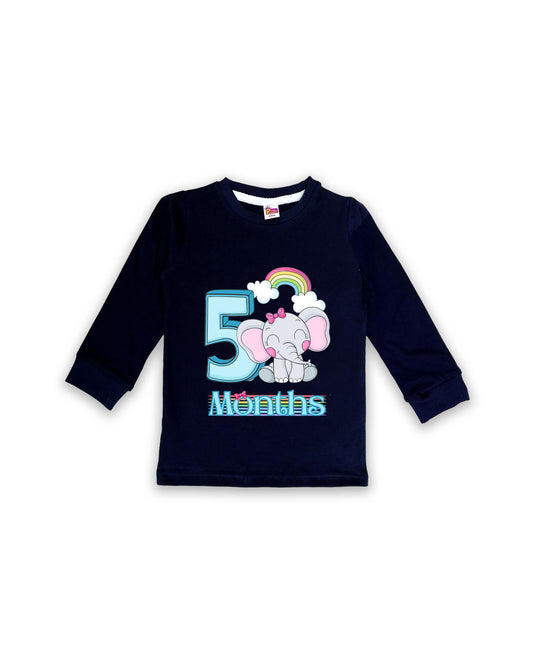 Newborn Full-Sleeve Navy Tees - 5 Months Milestone Tees with Adorable Elephant & Rainbow Design - Soft Cotton Baby Tees NPT0232