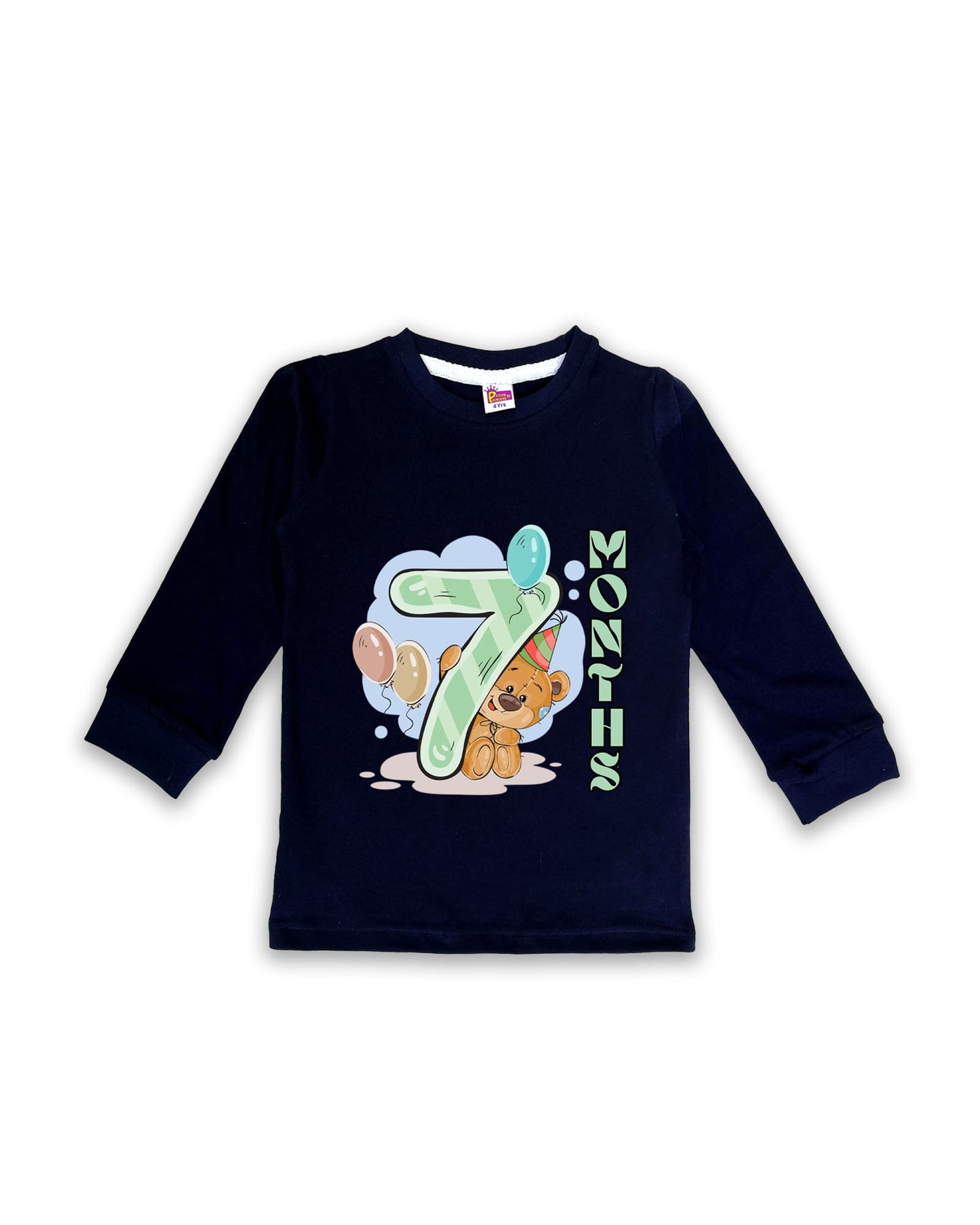Newborn Full-Sleeve Navy Tees - 7 Months Milestone Tees with Party Bear & Balloons Design - Soft Cotton Baby Tees NPT0253