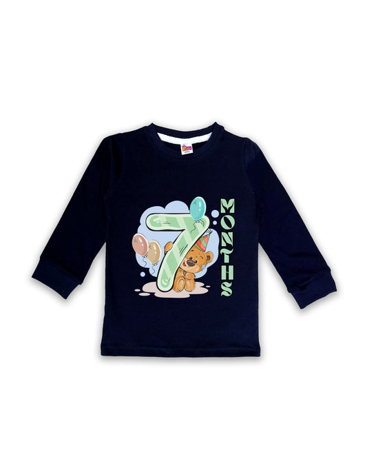 Newborn Full-Sleeve Navy Tees - 7 Months Milestone Tees with Party Bear & Balloons Design - Soft Cotton Baby Tees NPT0253