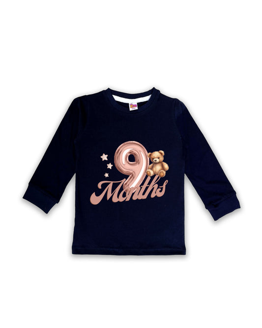 Newborn Full-Sleeve Navy Tees - 9 Months Milestone Tees with Balloon Number & Teddy Bear Design - Soft Cotton Baby Tees NPT0273