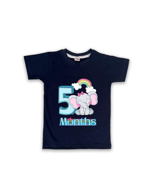 Newborn Half-Sleeve Navy Tees - 5 Months Milestone Tees with Adorable Elephant & Rainbow Design - Soft Cotton Baby tees NPT0168