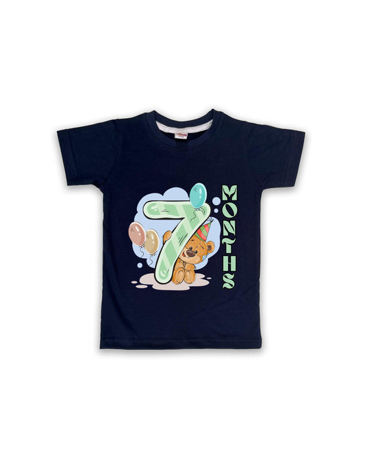 Newborn Half-Sleeve Navy Tees - 7 Months Milestone Tees with Party Bear & Balloons Design - Soft Cotton Baby Tees NPT0189