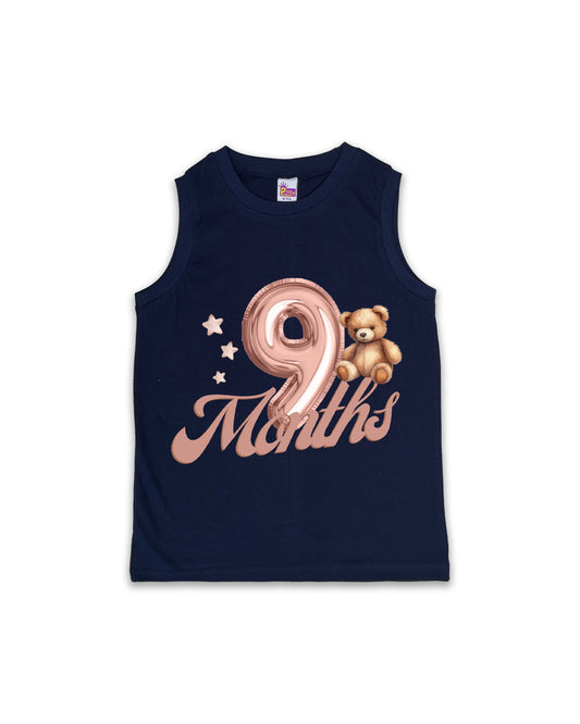 Newborn Sleeveless Navy vest - 9 Months Milestone vest with Teddy Bear & Balloon Number Design - Soft Cotton Baby Vest NPT148