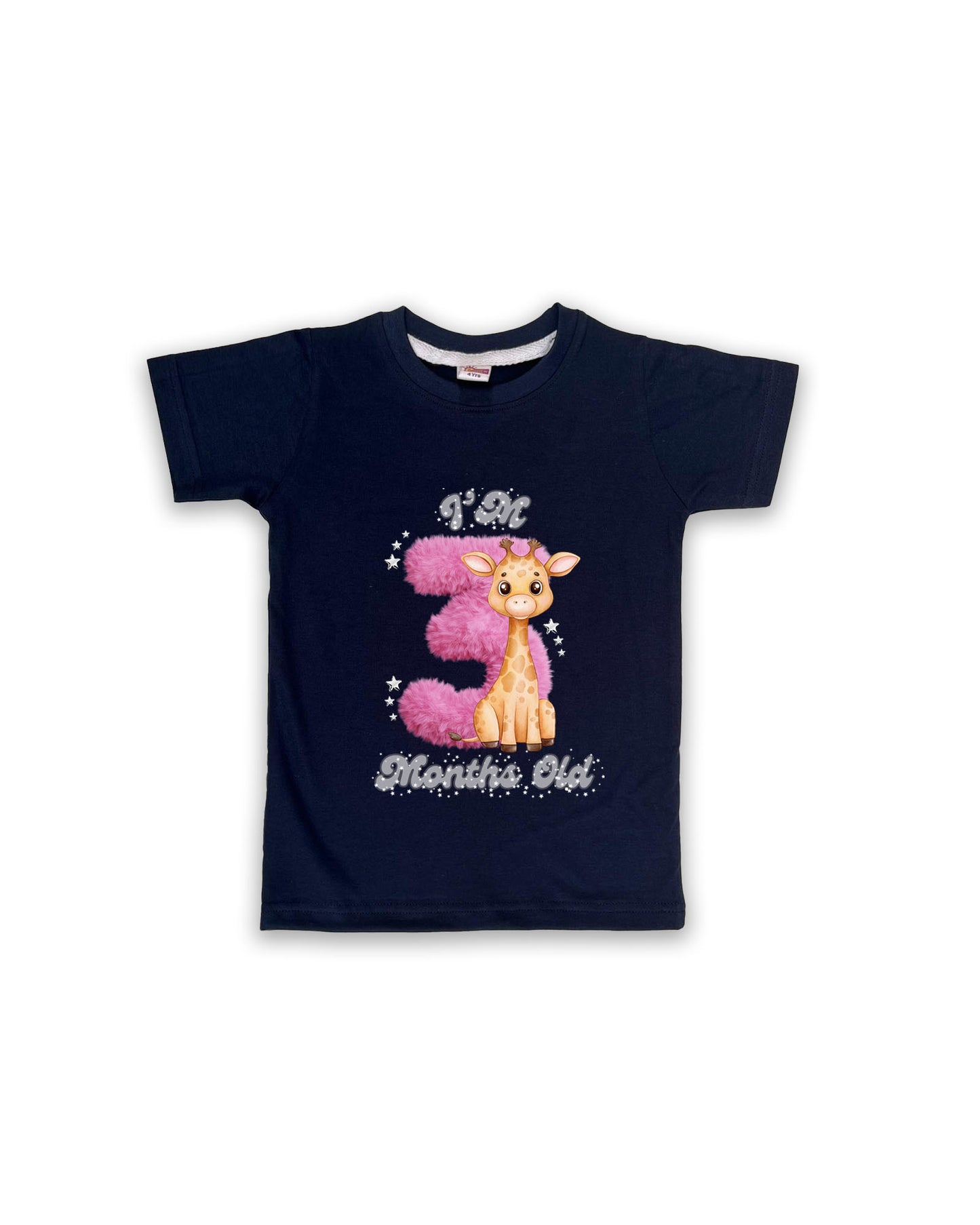 Newborn Navy Tees "I’m 3 Months Old" – Soft Cotton | Pink 3 with Giraffe Print | Short Sleeve Milestone Outfit NPT068