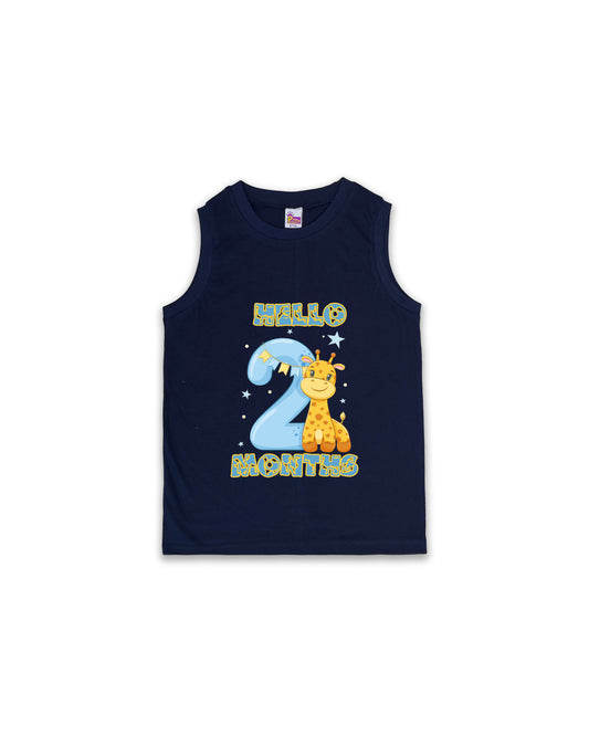 Newborn Navy Sleeveless Vest "Hello 2 Months" – Soft Cotton | Giraffe Print Milestone Vest for Babies | NPT087