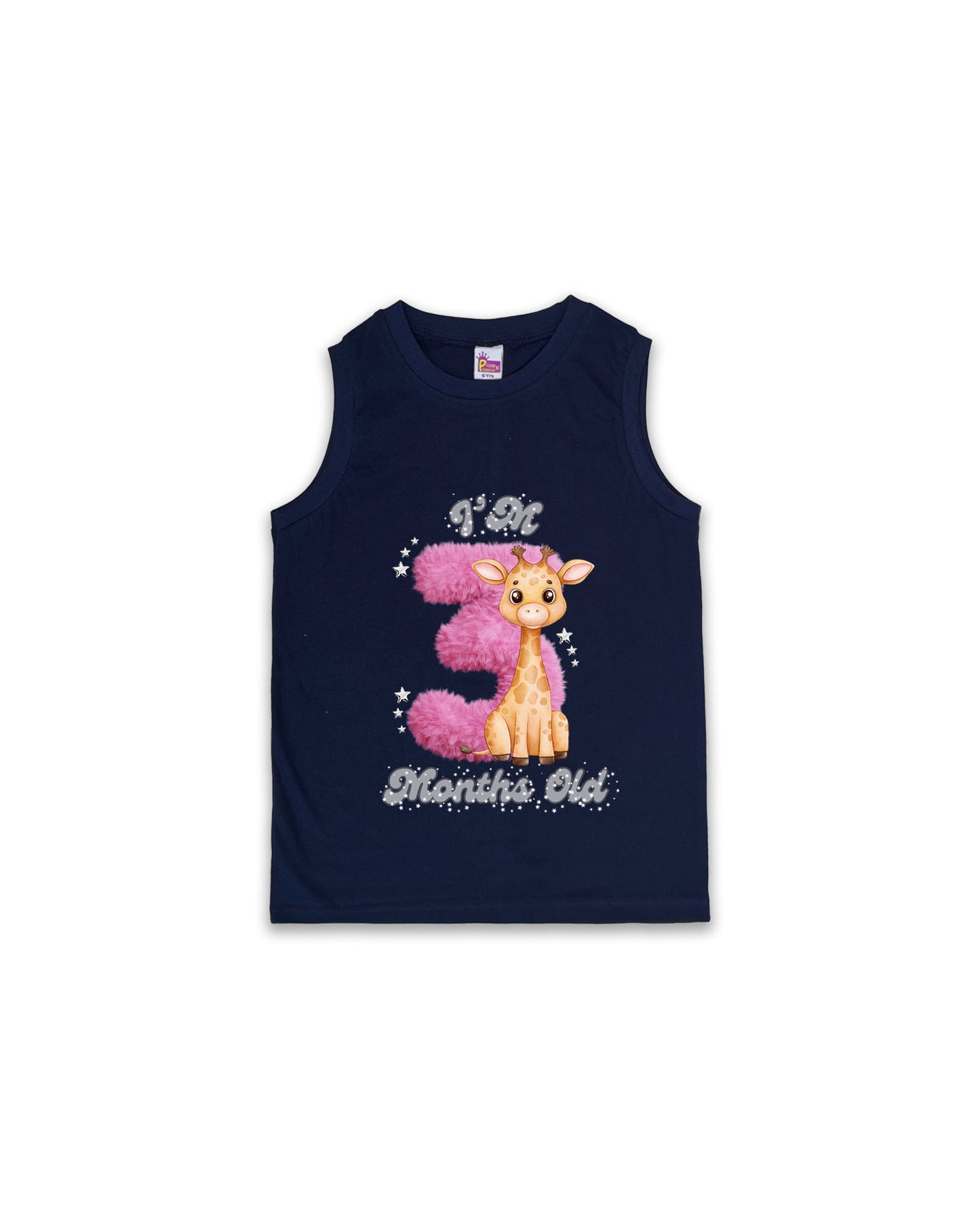 Newborn Navy Sleeveless Vest "I’m 3 Months Old" – Soft Cotton | Pink 3 with Giraffe Milestone Vest for Baby Girls| NPT095