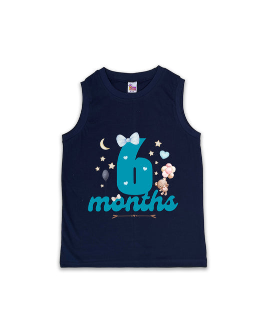 Newborn Sleeveless Navy Vest - 6 Months Milestone Vest with Cute Teddy Bear & Balloons Design - Soft Cotton Baby Vest NPT128