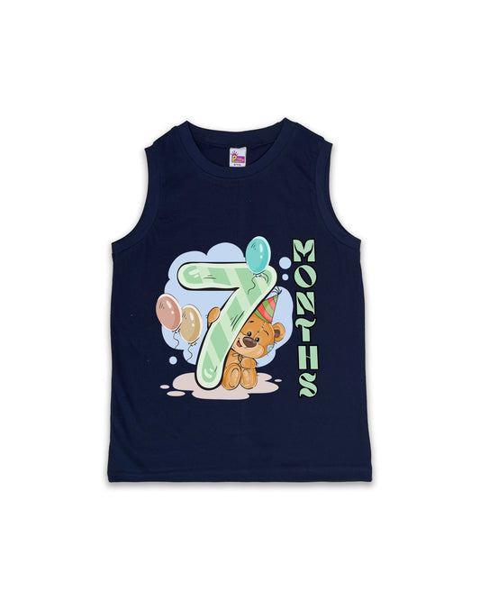 Newborn Sleeveless Navy vest - 7 Months Milestone Vest with Cute Party Bear & Balloons Design - Soft Cotton Baby Vest NPT135