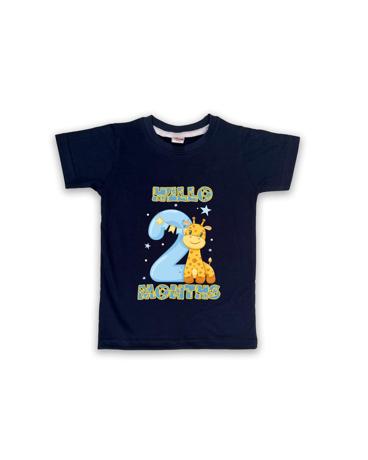 Newborn Navy Tees "Hello 2 Months" – Soft Cotton | Giraffe & Stars Milestone Outfit | Short Sleeve Baby Tees NPT056