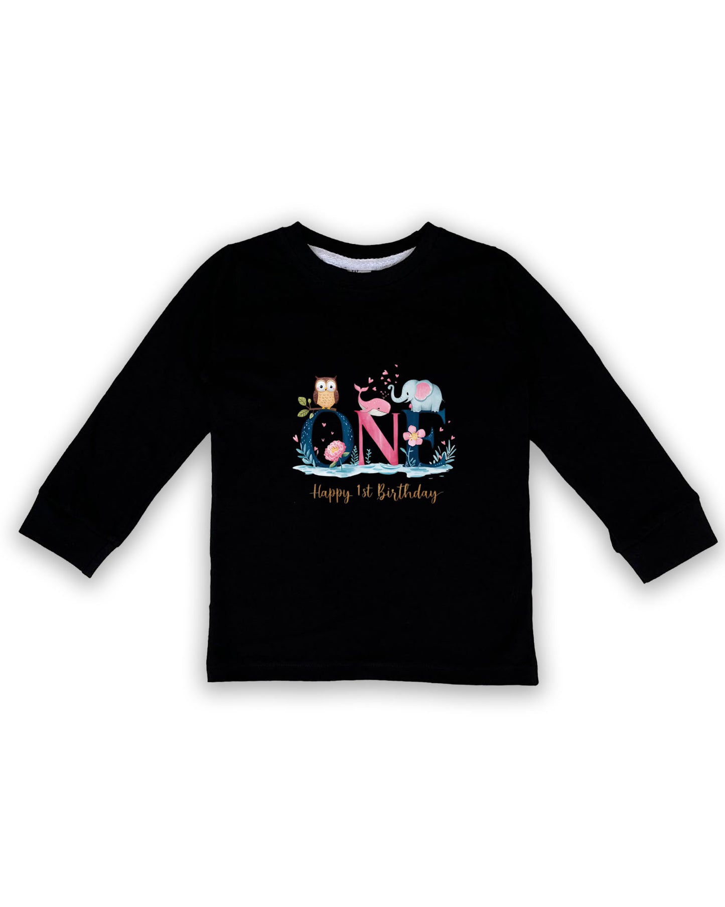 Unisex Full Sleeve Black Tees "ONE - Happy 1st Birthday" – Soft Cotton | Cute Animal & Floral Print | First Birthday Outfit| NPT096