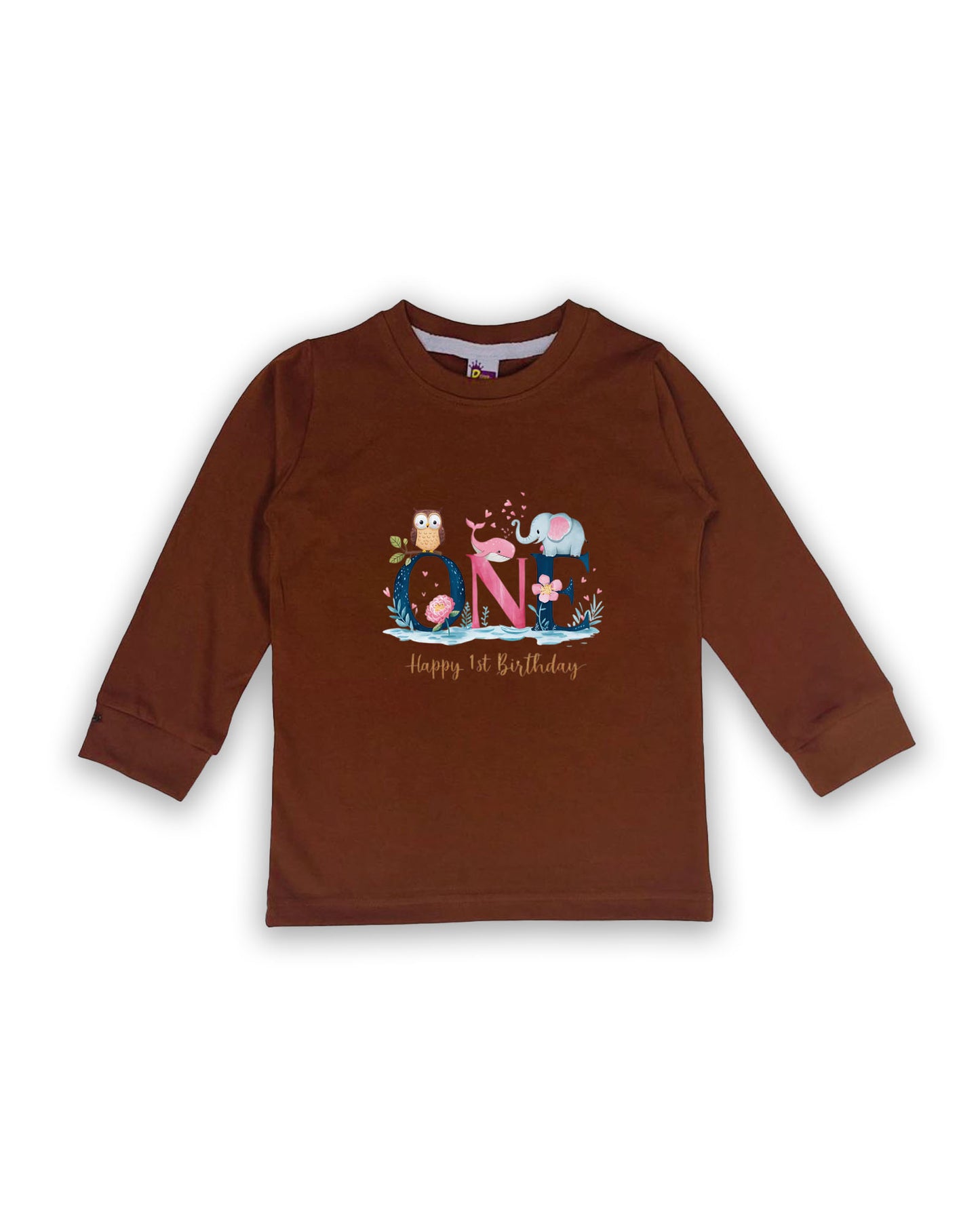 Unisex Full Sleeve Chocolate Brown Tees "ONE - Happy 1st Birthday" – Soft Cotton | Cute Animal & Floral Print | First Birthday Outfit| NPT097