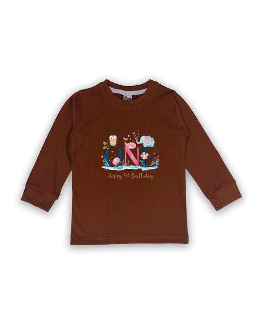 Unisex Full Sleeve Chocolate Brown Tees "ONE - Happy 1st Birthday" – Soft Cotton | Cute Animal & Floral Print | First Birthday Outfit| NPT097