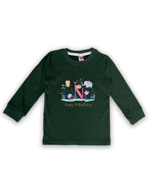 Unisex Full Sleeve Dark Green Tees "ONE - Happy 1st Birthday" – Soft Cotton | Cute Animal & Floral Print | First Birthday Outfit| NPT098