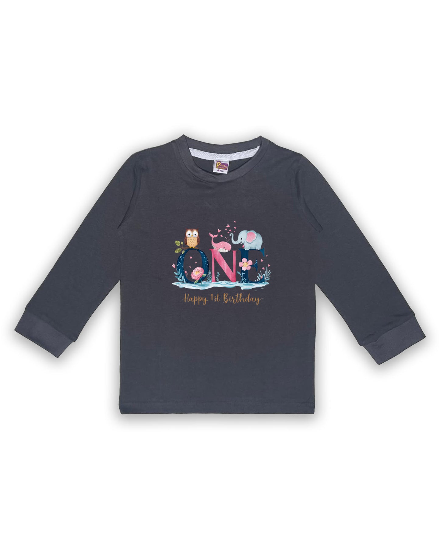 Unisex Full Sleeve Dark Grey Tees "ONE - Happy 1st Birthday" – Soft Cotton | Cute Animal & Floral Print | First Birthday Outfit| NPT099
