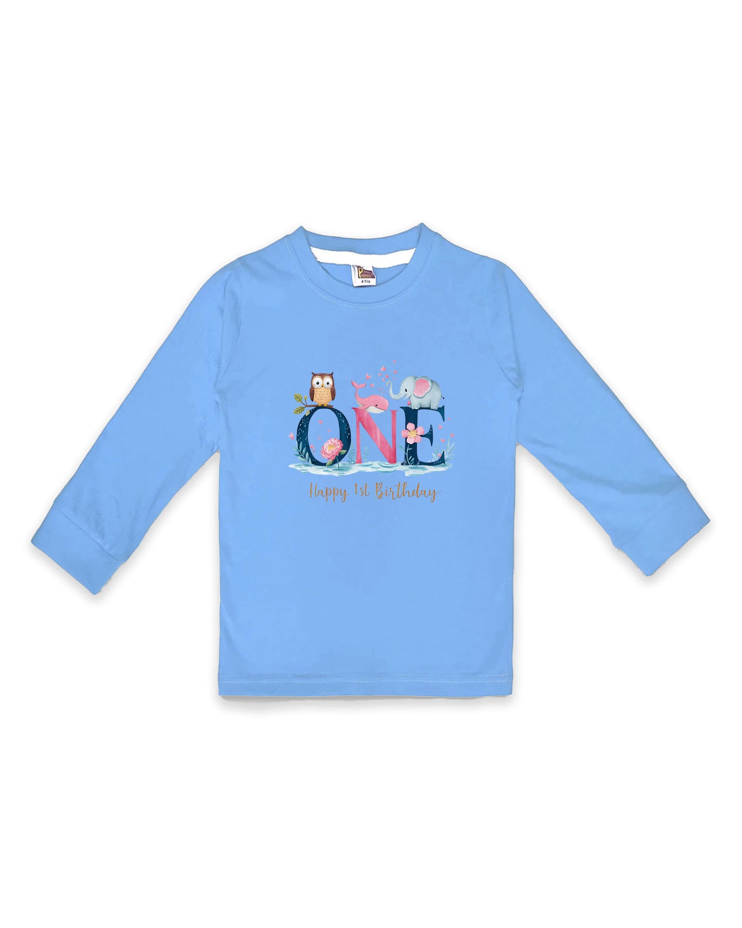 Unisex Full Sleeve Ice Blue Tees "ONE - Happy 1st Birthday" – Soft Cotton | Cute Animal & Floral Print | First Birthday Outfit| NPT0100