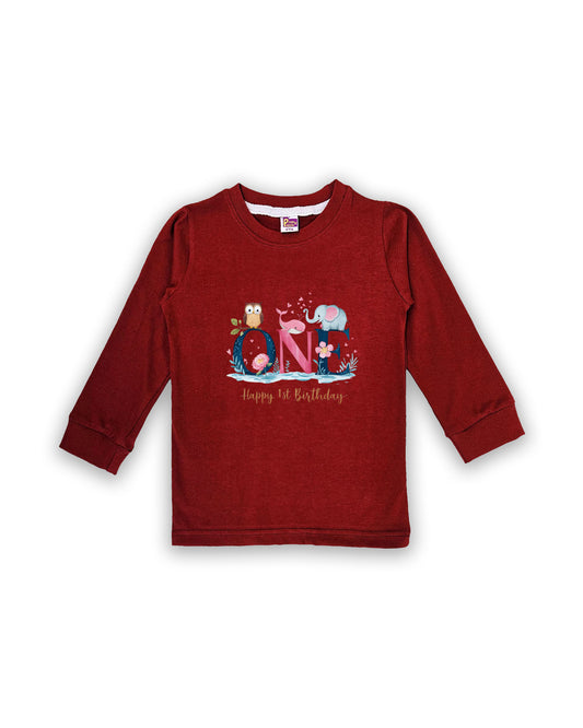 Unisex Full Sleeve Maroon Tees "ONE - Happy 1st Birthday" – Soft Cotton | Cute Animal & Floral Print | First Birthday Outfit| NPT0101
