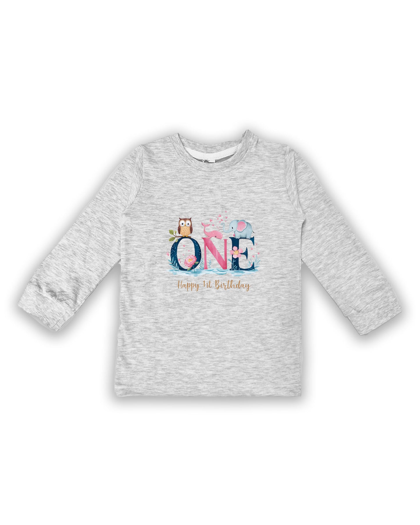 Unisex Full Sleeve Melange Tees "ONE - Happy 1st Birthday" – Soft Cotton | Cute Animal & Floral Print | First Birthday Outfit| NPT0102