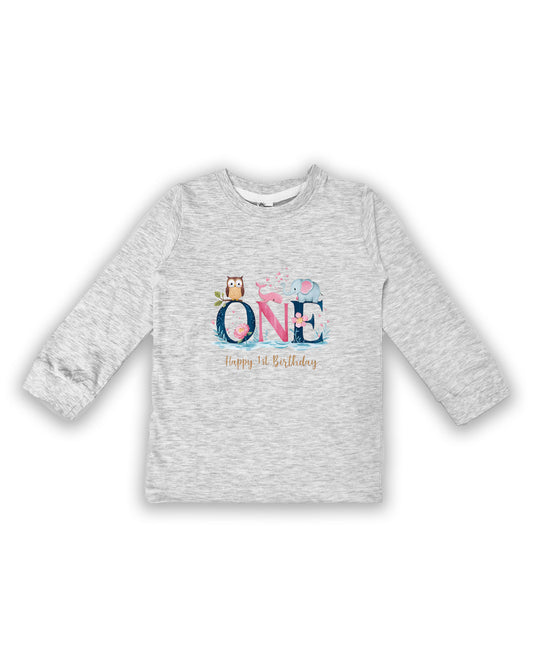 Unisex Full Sleeve Melange Tees "ONE - Happy 1st Birthday" – Soft Cotton | Cute Animal & Floral Print | First Birthday Outfit| NPT0102