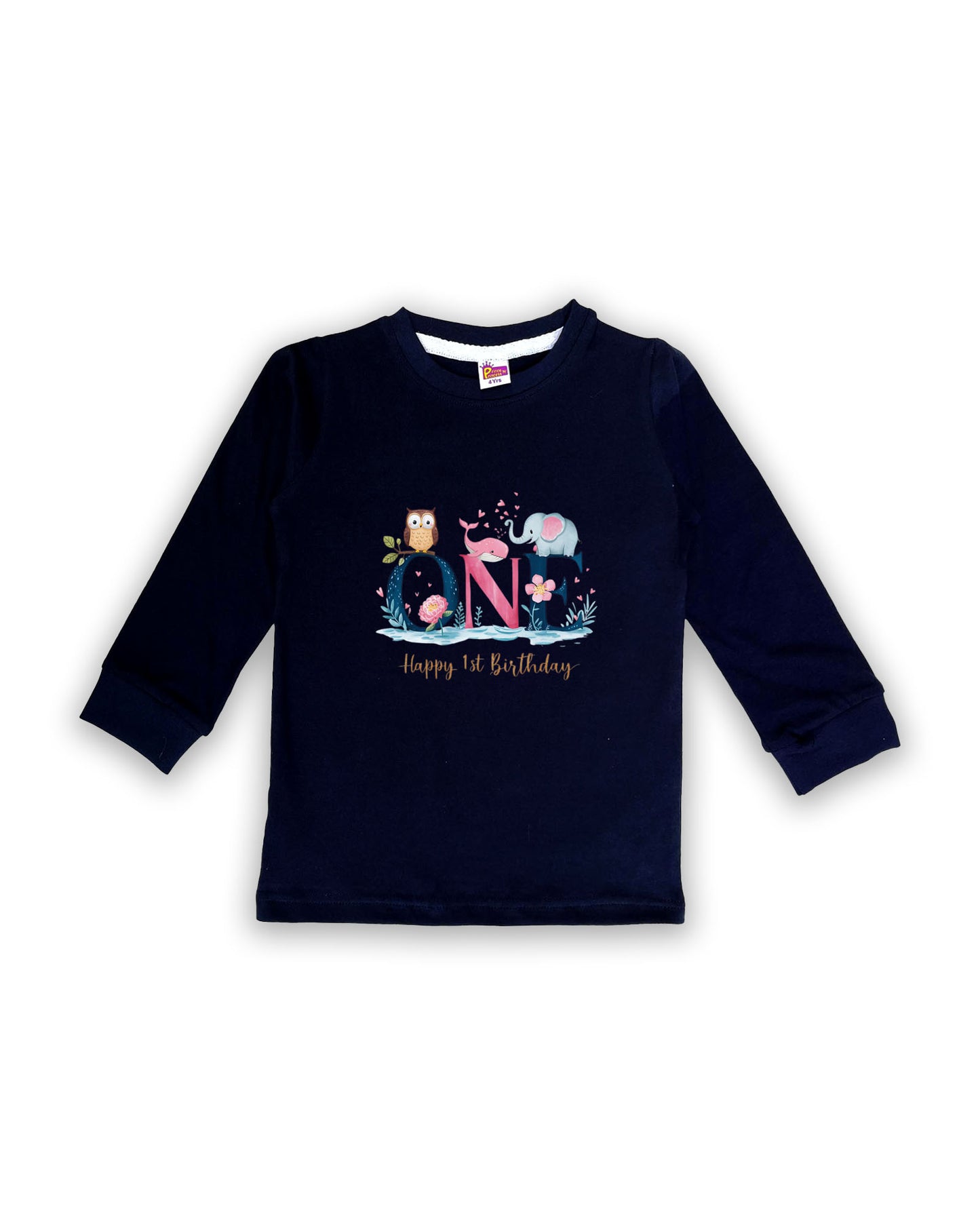 Unisex Full Sleeve Navy Tees "ONE - Happy 1st Birthday" – Soft Cotton | Cute Animal & Floral Print | First Birthday Outfit| NPT0104