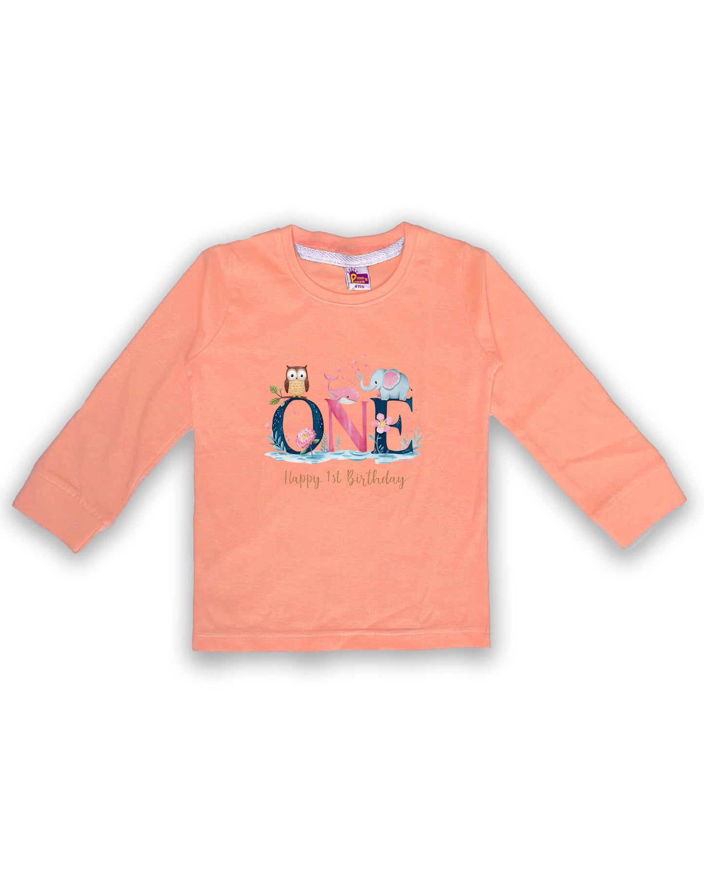 Unisex Full Sleeve Peach Tees "ONE - Happy 1st Birthday" – Soft Cotton | Cute Animal & Floral Print | First Birthday Outfit| NPT0105