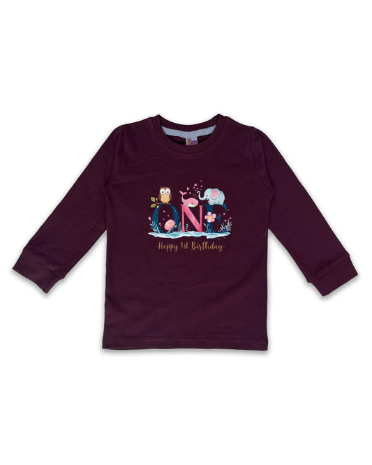 Unisex Full Sleeve Wine Tees "ONE - Happy 1st Birthday" – Soft Cotton | Cute Animal & Floral Print | First Birthday Outfit| NPT0106