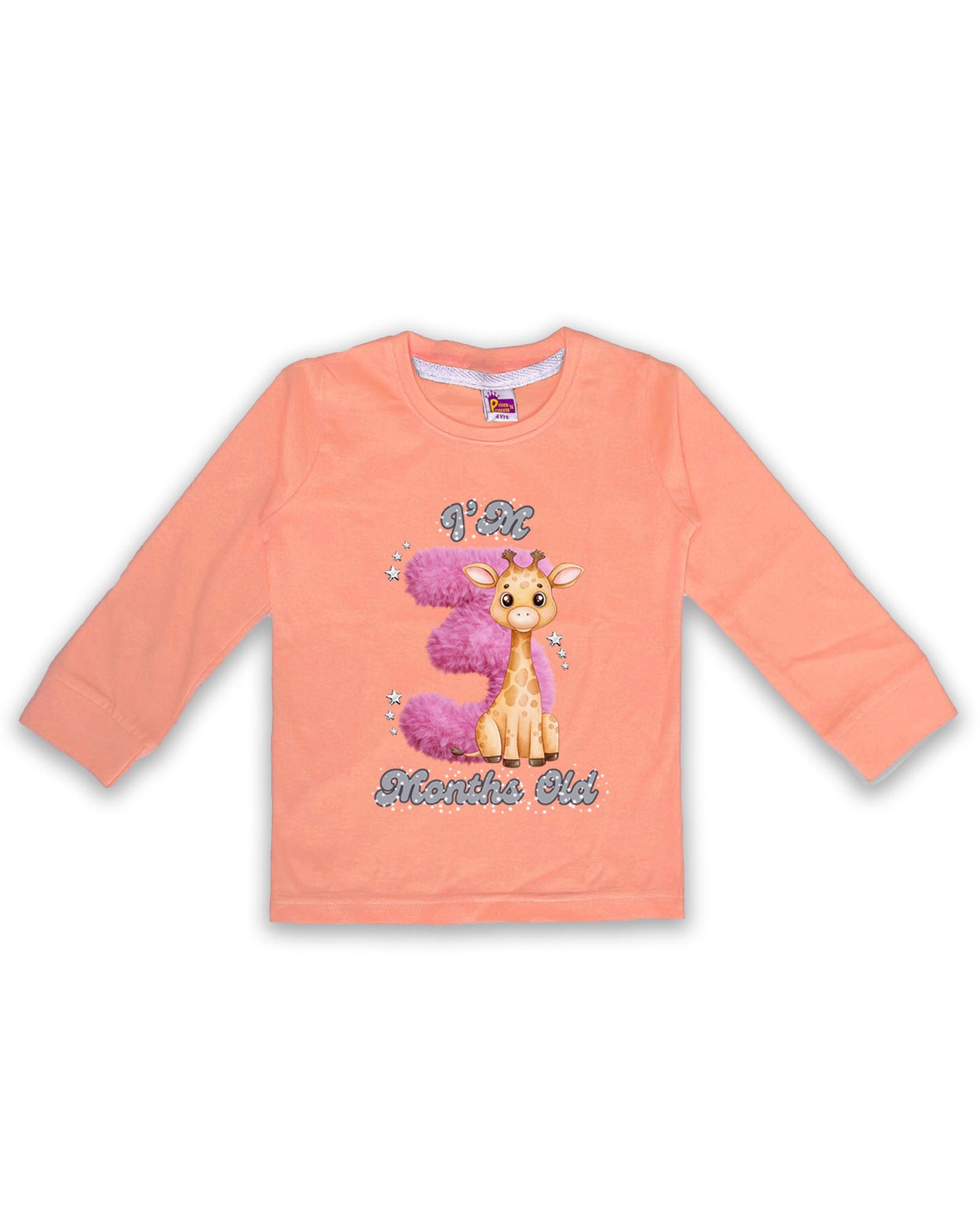 Newborn Peach Full Sleeve "I’m 3 Months Old" Milestone Tees – Soft Cotton | Pink 3 with Giraffe Print | Milestone Outfit NPT031