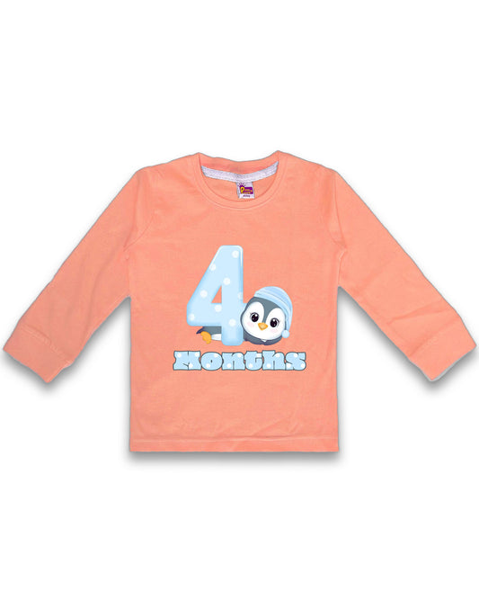 Newborn Full-Sleeve Peach Tees - 4 Months Milestone Tees with Adorable Penguin Design - Soft Cotton Baby Tees NPT0222
