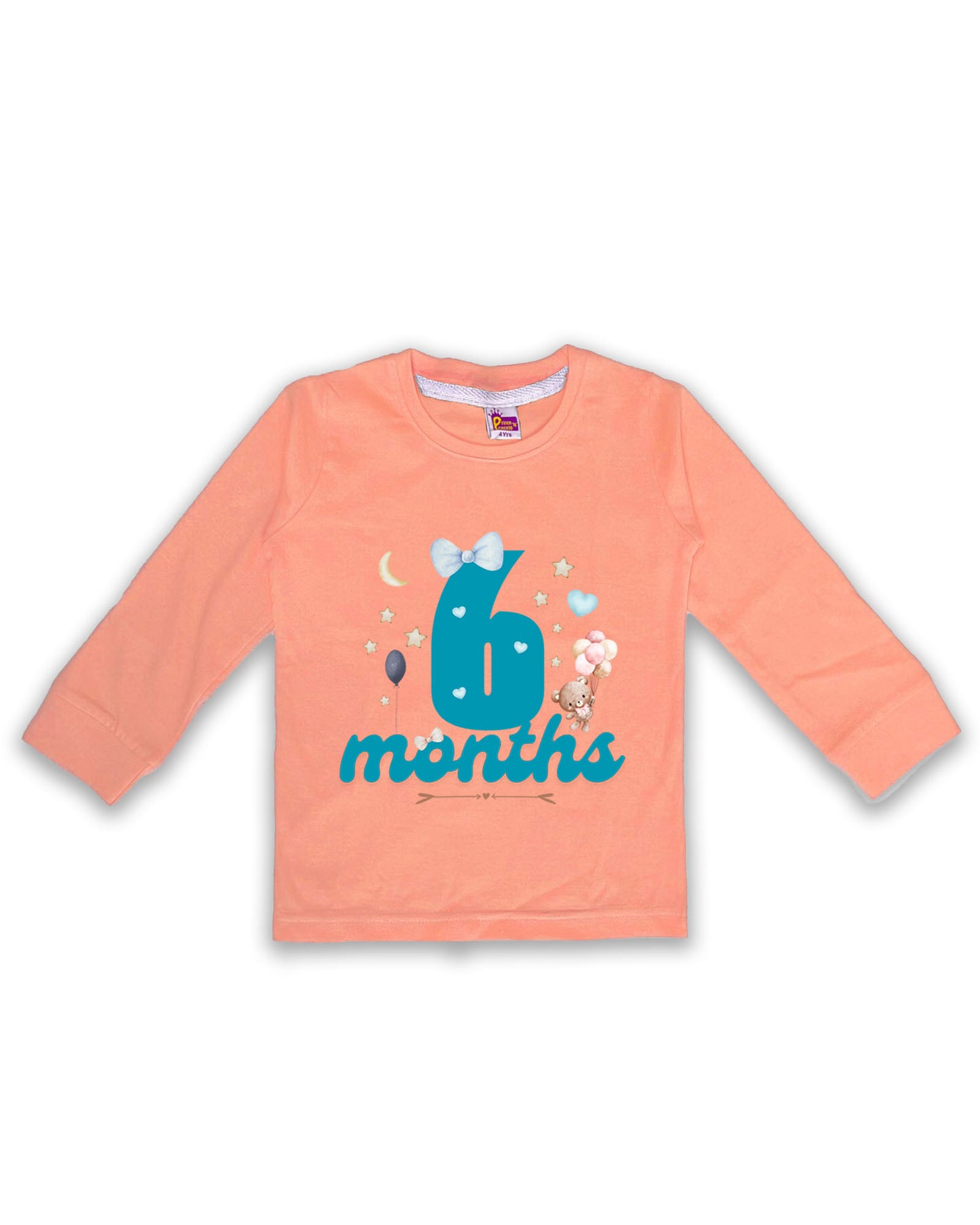 Newborn Full-Sleeve Peach Tees - 6 Months Milestone Tees with Teddy Bear & Balloon Design - Soft Cotton Baby NPT0243
