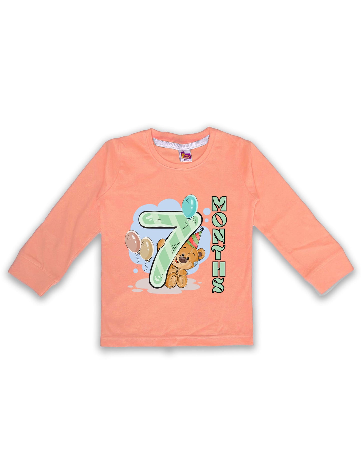 Newborn Full-Sleeve Peach Tees - 7 Months Milestone Tees with Party Bear & Balloons Design - Soft Cotton Baby Tees NPT0254