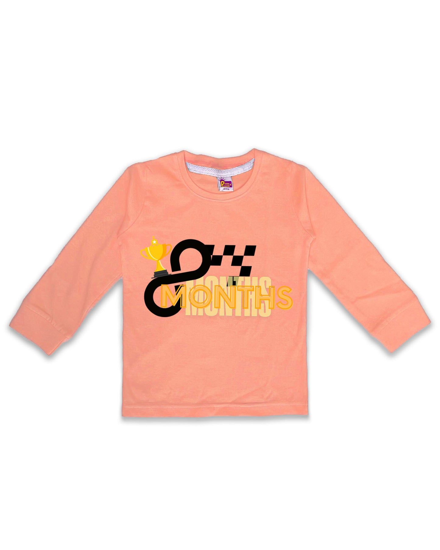 Newborn Full-Sleeve Peach Tees - 8 Months Milestone Tees with Racing Trophy & Checkered Flag Design - Soft Cotton Baby Tees NPT0263