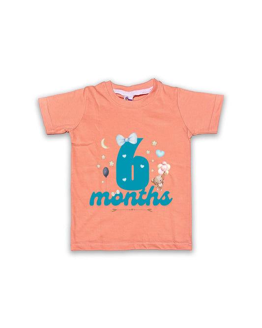 Newborn Half-Sleeve Peach Tees - 6 Months Milestone Tees with Teddy Bear & Balloon Design - Soft Cotton Baby Tees NPT0179